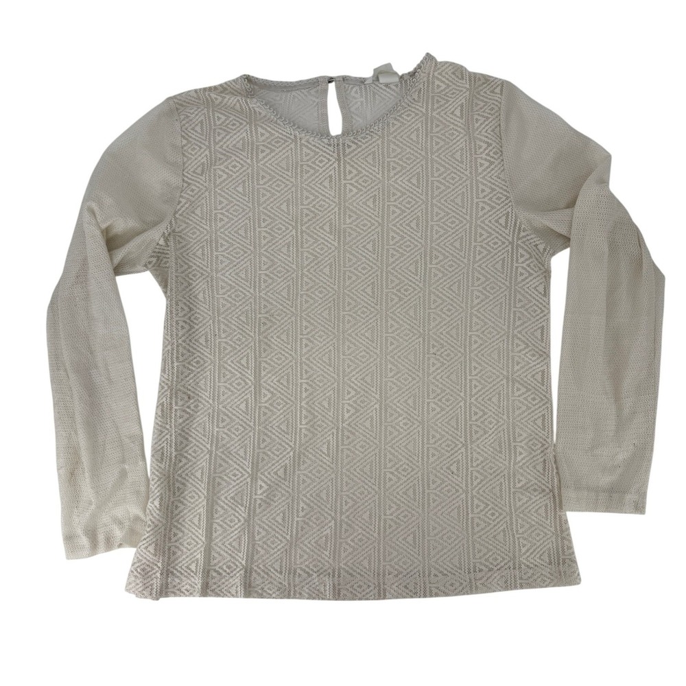 Cream Y2K  Geometric Lace Long Sleeve Top Keyhole Back Size M, Bohemian